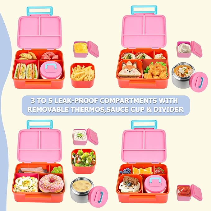 Bento Lunch Box for Kids with Thermo, Leakproof Bento Box with 8oz Insulated Food Jar, Lunch Bag, BPA Free Dishwasher Safe 4 Compartment Container for School Girls Boys (Pink)