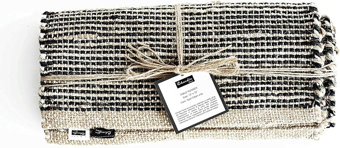 Natural Jute Table Runner 13x90 Inch – Vintage Boho Rustic Table Decor – Handwoven Table Runner in Natural Jute and Black – Farmhouse Dining or Console Table Accent