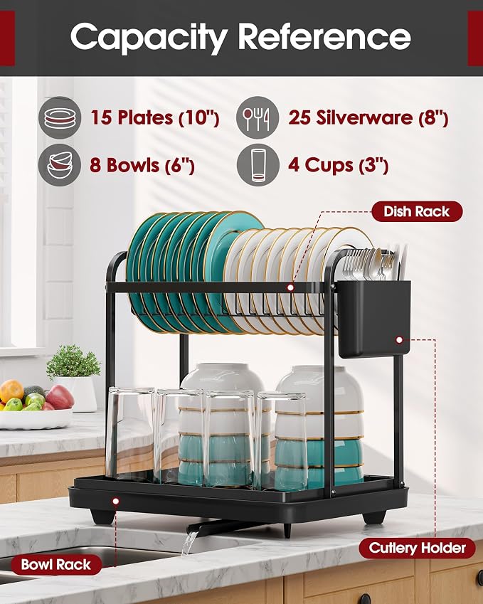 Sakugi 2-Tier Dish Drying Rack - Stainless Steel Dish Rack with Cutlery & Utensil Holders for Kitchen Counter, Sink Organization and Storage for Small Family, 15" W x 11.4" L x 15" H, Black | Kitchen, Sink Counter, Stainless Steel, Counter Top, Utensil...