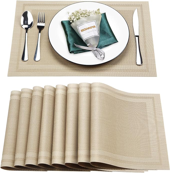 Beige Vinyl Placemats Set of 8,Washable Dining PVC Table Mats | Heat resistant, stain resistant non slip vinyl place mats, washable beige table placemats for dining table