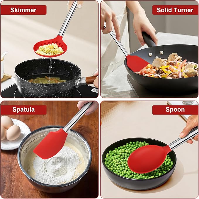 Vayvnt Silicone Utensils Set for Cooking, 8 Pieces for Non Stick Pan, Red | Dishwasher Safe Kitchen Cooking Utensils, Spoons and Tongs, Non-toxic, Plastic-free, Kitchen Essentials for Cooking & Baking