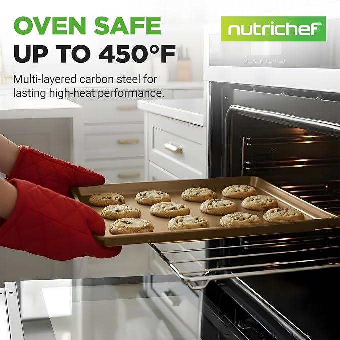NutriChef Nonstick XL Cookie Sheet Baking Pan, Extra Large 22 Inch x 16 Inch, Carbon Steel Oven Baking Sheet for Cookies & Pastries, Gold - NCLG1GD