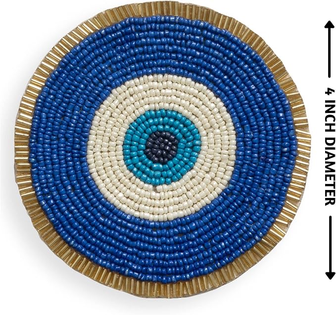 Folkulture Cute Coasters Set of 4 for Drink, Boho Table Decor & Party Décor | Evil Eye Beaded Handmade Round Drink Coasters for Coffee Table & Bar, Hand-Crafted Cute Coasters Housewarming Gifts