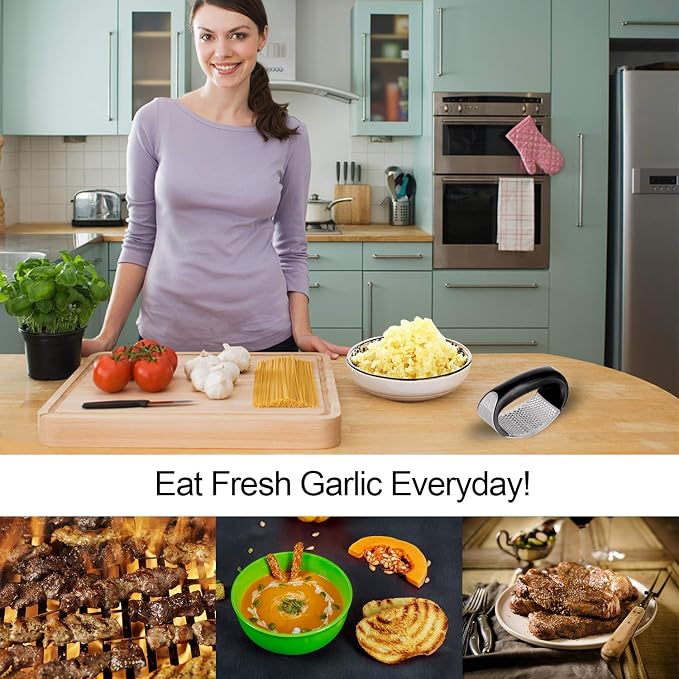 Garlic Press Rocker, Stainless Steel Garlic Crusher, Mincer and Chopper | Garlic Squeezer Easy Kitchen Gadget with Silicone Tube Garlic Peeler and Cleaning Brush Tool Set for Effortless Smashing