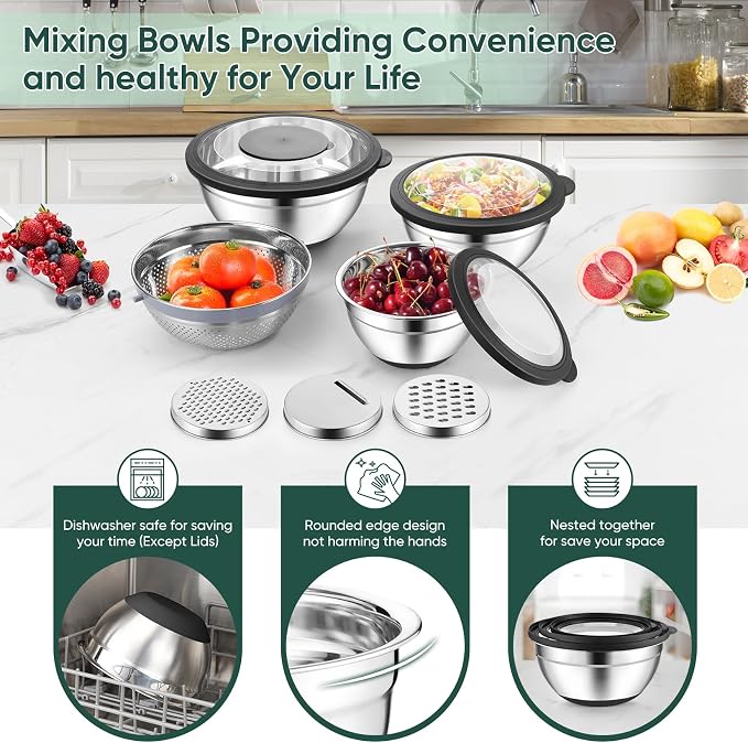 P&P CHEF Mixing Bowls with Lids, Metal Mixing Bowl with Colander, Black | 3 PCS Stainless Steel nesting bowls for Prepping, Storing, Colander for Draining, 3 Grater Attachments & Non-Slip Bottoms