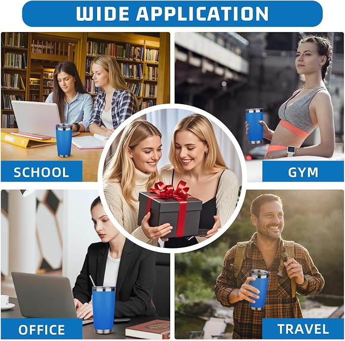 20 oz Tumbler with Lids and Straws, Stainless Steel Insulated Travel Coffee Mug, Double Wall Vacuum Insulated Tumblers, Powder Coated Coffee Tumbler for Cold & Hot Drinks (Sea Blue)