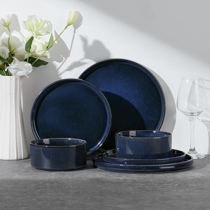 E-far Stoneware Dinnerware Sets for 2, 6-Piece Plates and Bowls Sets, Blue | Plate Set for 2, Chip & Scratch Resistant Ribbed Dish Set for Home Restaurant, Microwave & Dishwasher Safe, Midnight Blue