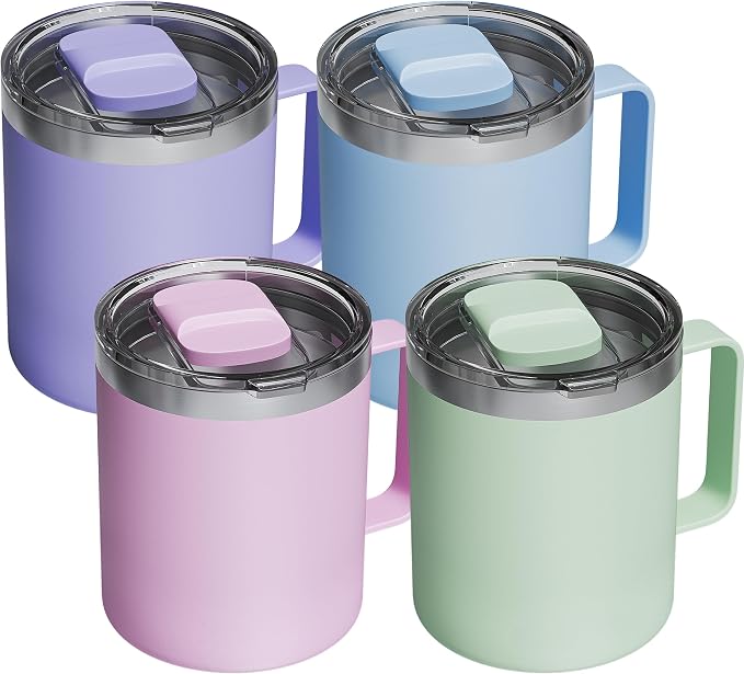4 Pack 12oz Insulated Coffee Mug with Lid – Double Wall Stainless Steel Travel Cups with Handle, Keep Hot & Cold Drinks, Ideal Gift for Coffee Lovers, Office & Camping, Light (Assort colors)
