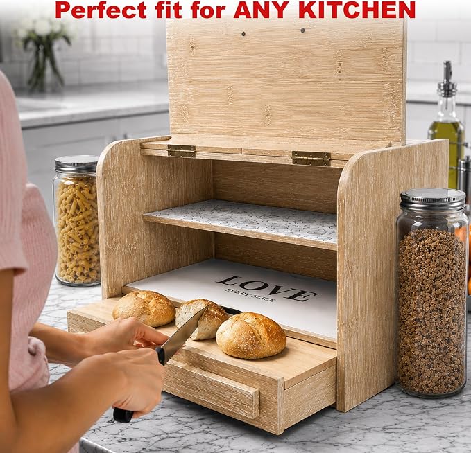 KNIFEPLANET Premium FULLY ASSEMBLED Bamboo Bread Box – Extra Large Real Wood Bread Box for Kitchen Countertop Storage, Thick Durable Construction, Double Layer Design (17.5" x 10" x 12")