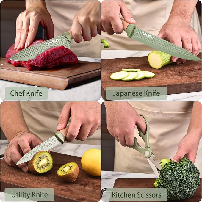 Kitchen Knife Set, Retrosohoo 6-Pieces Green Sharp Knife Set for Kitchen, Non-stick Non-slip Stainless Steel Chef Knife Set with Universal Knife Block Suitable for Home Restaurant (Green)