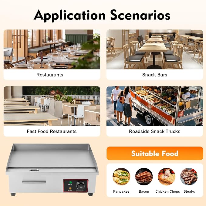 Commercial Electric Griddle 22" 110V 1600W, Stainless Steel Countertop Flat Top Grill, Electric Hot Plate BBQ Griddle, Tabletop Design, Temperature Control 50-300℃, for Restaurant Home