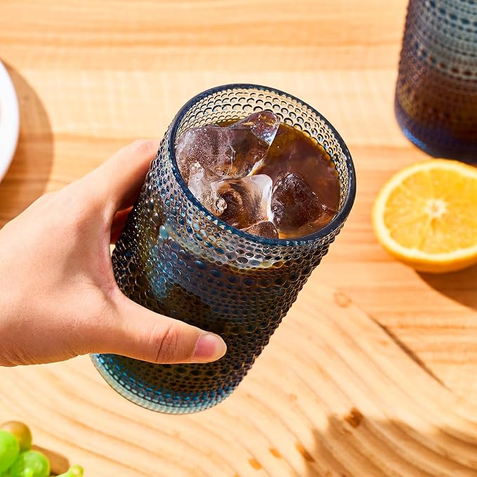 16oz Hobnail Drinking Glasses, Set of 6 Blue Tumblers | Vintage embossed large capacity highball glasses for water, cocktail, beer, whiskey, juice and bar use