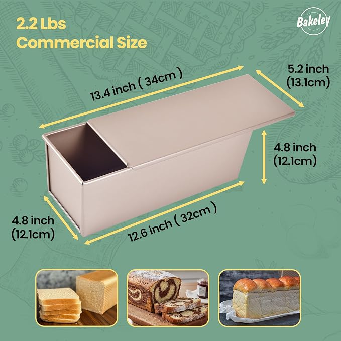 Commercial Pullman Loaf Pan with Lid, 2.2Lb Dough Capacity Non-stick Rectangle Flat Toast Box for Oven Baking 13.6"×5.4"×4.7"(Champagne Gold)
