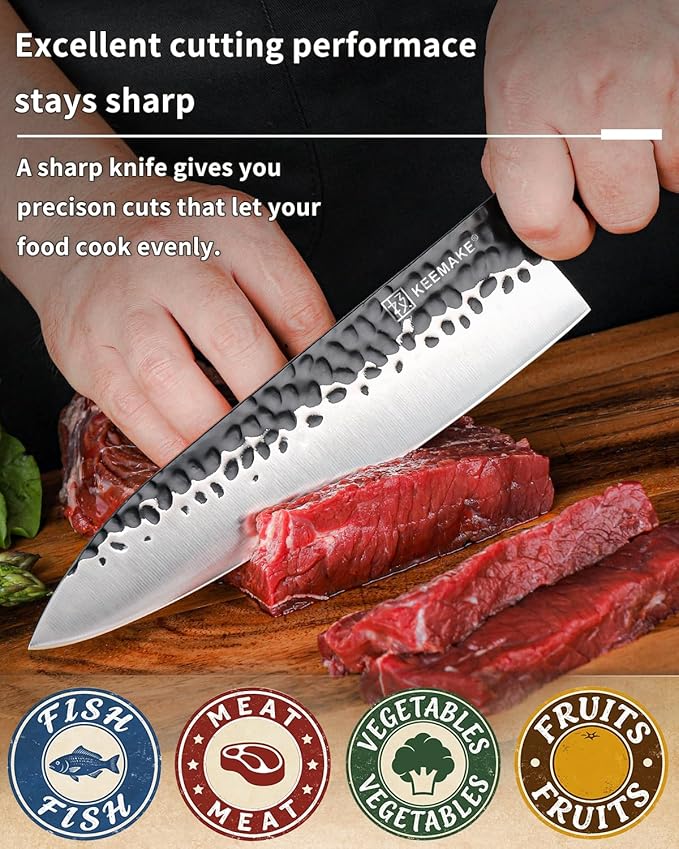 8 Inch Chef Knife, Japanese Hand Forged | High Carbon Steel Kitchen Knives with Ergonomic Rosewood Handle, Ultra Sharp Durable Gyuto Knife for Meat & Veggie Slicing