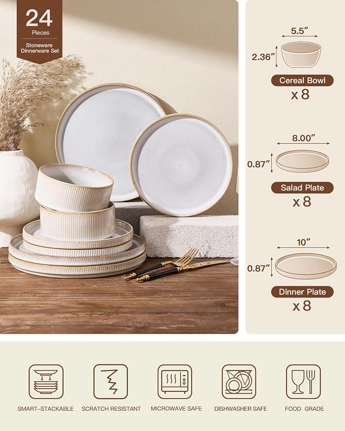 Stoneware Dinnerware Sets, Reactive Glaze Dishes Set for 8 | 24-Piece Ceramic Plates and Bowls Set, Microwave & Dishwasher Safe, Chip & Scratch Resistant, Modern Rustic, Cappuccino White