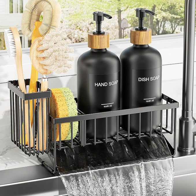 Cisily Kitchen Dish Soap Dispenser Set with 2 Pack 16.9oz Amber Glass Bottle and Sponge Holder, Dish Soap Dispensers with Adjustable Sponge Holder, Vintage Hand and Dish Soap Dispensers Set