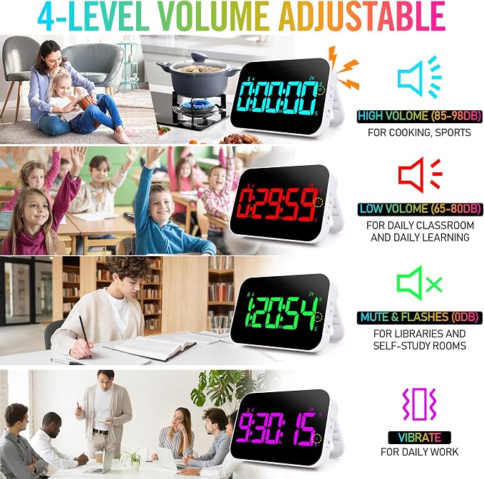 Kitchen Timer for Cooking, Rechargeable Digital Magnetic Timer with Large LED Display, Loud Alarm, Sound Countdown, 4 Volume Levels and 3 Brightness for Classroom, Study (RGB)