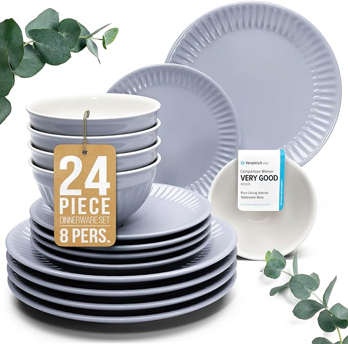 Stoneware Dinnerware Set for 8 People HYGGE 24-Piece - Elegant Scandi Design - Premium Dish Set - Bowl and Plate Set - Tableware for 8 People in a Ribbed Design - Pure Living in Gray-Blue