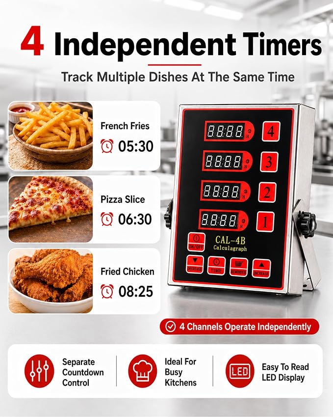 Commercial 4 Channels Digital Kitchen Timer, Stainless Steel Calculagraph Timer with Loud Alarm for Restaurant, Clock Reminder on Multiple Events
