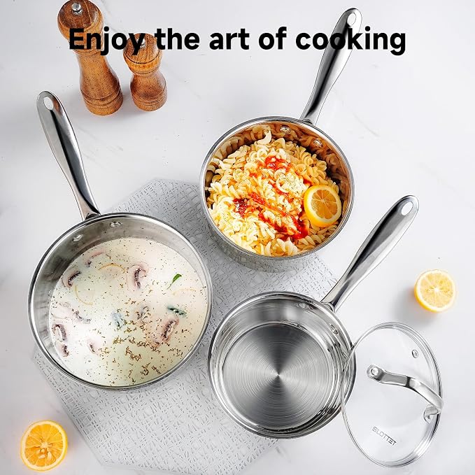 SLOTTET 1Qt & 2Qt & 3QT Stainless Steel Sauce Pan Set with Lid,6 Pcs Non Stick Saucepan,Small Kitchen Pots,Induction Compatible,PFOA FREE
