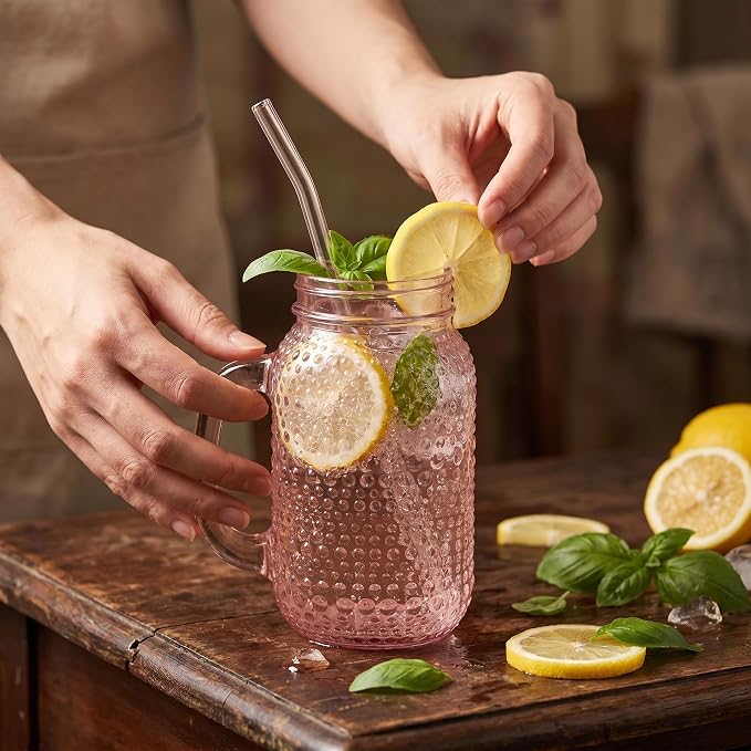 DaYammi 6 Pack 24oz Hobnail Mason Jars Cups Drinking Glass Cups with Lids & Straws, Pink Wide Mouth Mason Jars Cups with Handle, Tumblers for Coffee Smoothies, Iced Tea, Juice, Beer, Cocktail, Whiskey