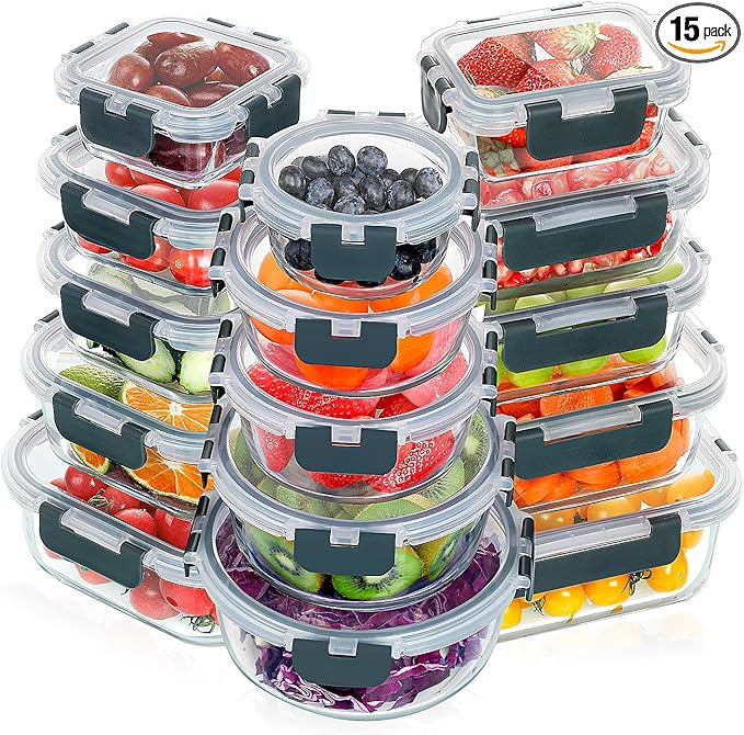 VERONES 30 Pieces Glass Food Storage Containers Set with Lids, Grey | Stackable Glass Meal Prep Containers Set with Lids, Airtight Lunch Containers, for Microwave, Oven, Freezer & Dishwasher