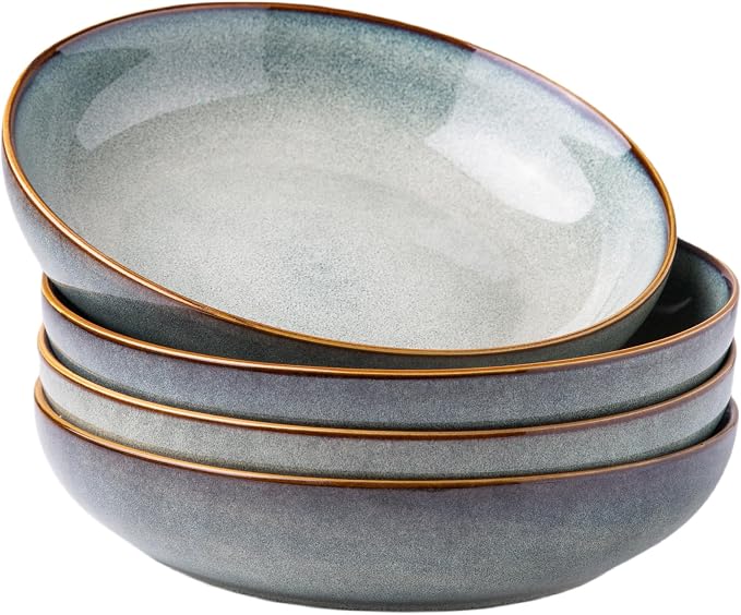 AmorArc 8.5’’ Ceramic Pasta Bowls Set of 4, 36oz Large Stoneware Bowls Set | Large Dinner Serving Bowls Set, Wide Bowl Plate for Pasta,Salad, Soup, Microwave Safe, Reactive Glaze-Ocean Blue