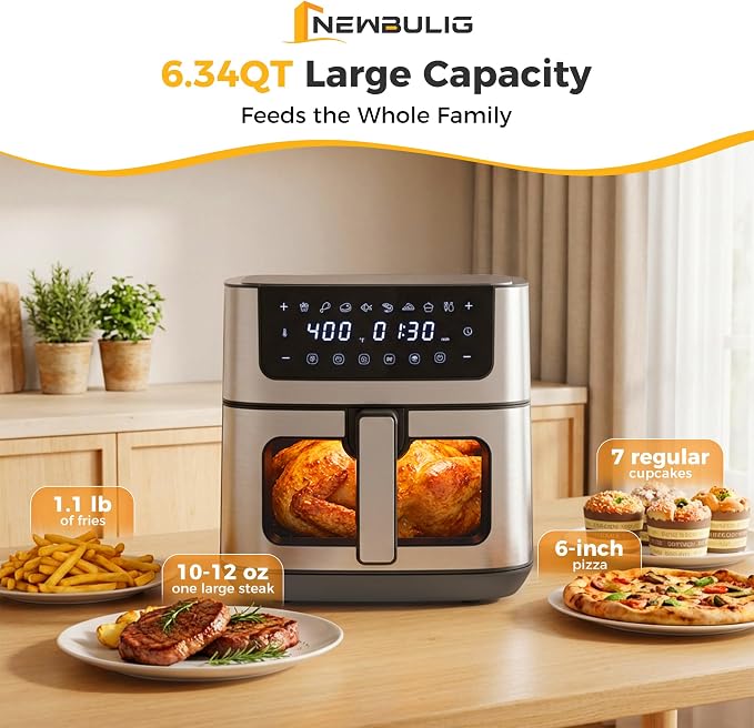 NEWBULIG Air Fryer 6.34QT Airfryer with Visible Window 400℉ Fast Heating Stainless Steel Air Fryers Oven with Nonstick and Dishwasher-Safe Basket 8-in-1 Cooking Preset with Timer Auto-Off