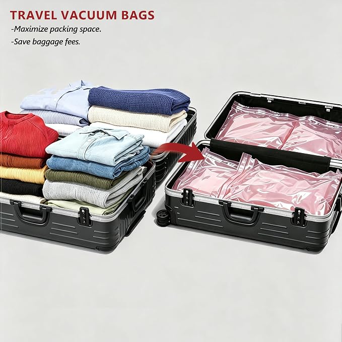 Travel Vacuum Bags for Clothing with Rechargeable Pump 24 Combo, Pink | Compression Packing Cubes Organizer Storage for Luggage Suitcase, Space Saver Seal Bags for Vacation Cruise