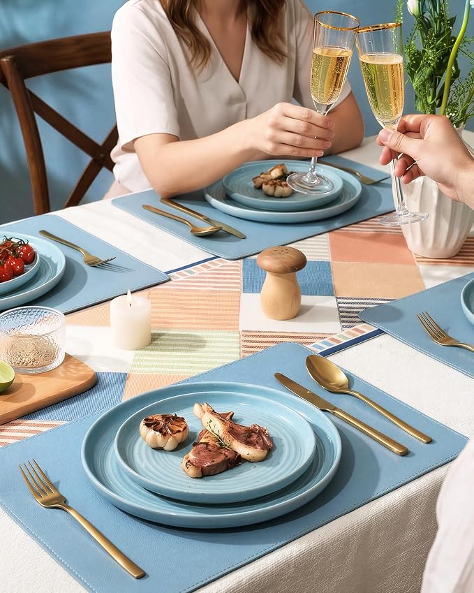 Dinnerware Sets for 8, Ceramic Plates and Bowls, Ice Blue | 24-Piece Ceramic Speckled Spiral Dishes, Chip & Scratch Resistant, Microwave & Dishwasher Safe, Everyday Use, Farmhouse Style