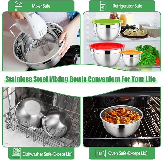 P&P CHEF Stainless Steel Mixing Bowls with Lids, Set of 3, Multicolor | Nesting Salad Bowl, Sturdy& Rust Proof, Airtight & Stackable, Suit for Mixing, Storing, Prepping, 3 Size - 4.6/3 /1.5 QT