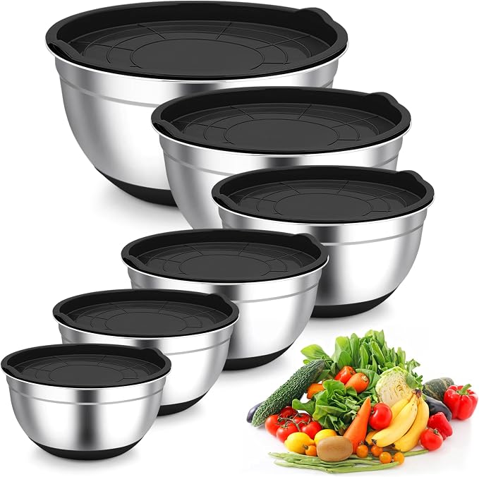TeamFar Mixing Bowls, Stainless Steel Salad Bowls with Lids - Black | Nesting Bowls with Non-slip Bottom, for Kitchen Baking Preparing Serving, Stackable & 6PCS - 4.6 /2.6 /2 / 1.5 /1 / 0.7 Qt