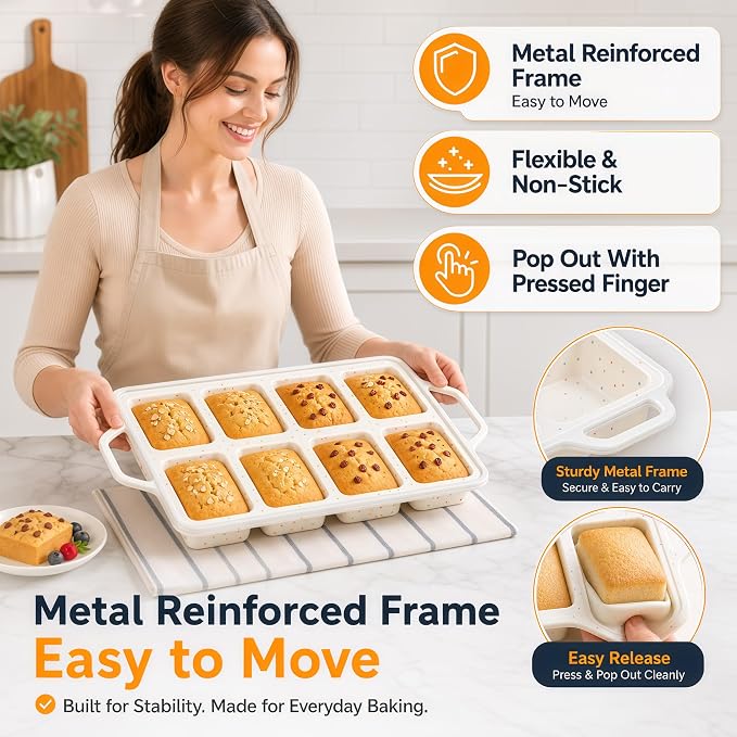 Vinino Mini Silicone Loaf Pans with Metal Reinforced Frame, 8-Cavity, Cream | Non-Stick Easy Release Heat Resistant Bakeware, Reusable Small Mini Banana Bread & Cake Baking Pans for Daily Baking