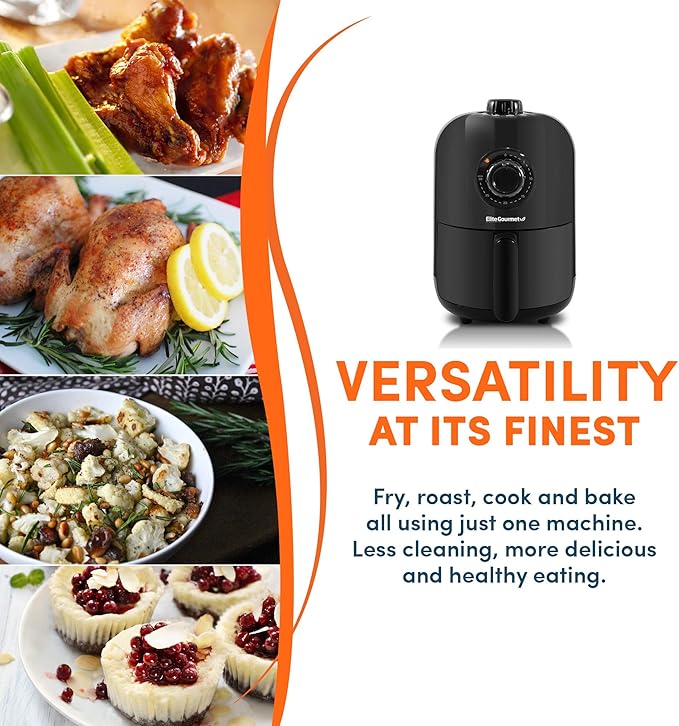 Elite Gourmet EAF1121 Personal Air Fryer, Compact, Oil-Less, 1000W, 1.1Qt | Healthy Cooker, Timer & Temperature Controls - Space-Saving Design