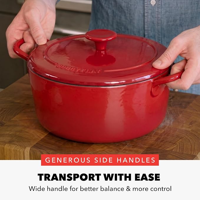 GreenPan x Bobby Flay 5.5QT Enameled Cast Iron Dutch Oven With Lid, Red | Casserole Pot for Braising, Stews, Bread Baking & Searing, Self-Basting Lid, Induction Ready, Oven Safe To 500, Gold Lid Knob