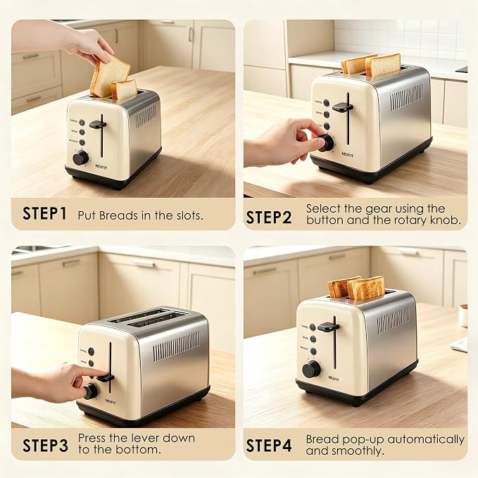 Toaster 2 Slice, Stainless Steel, 6 Shade Settings, 1.5" Extra Wide Slots | NEXFIT Retro Toaster with Bagel, Defrost, Reheat & Cancel Functions, 900W, Removable Crumb Tray, High Lift, Cord Wrap, Beige