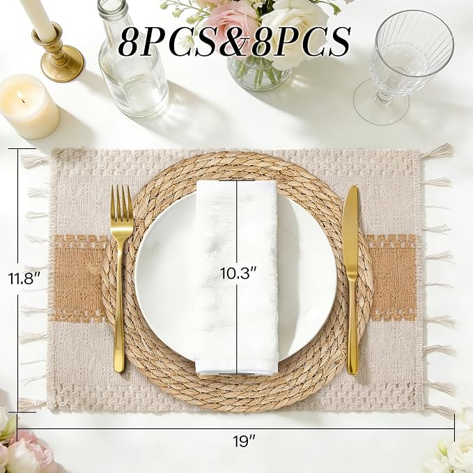 Placemats Set of 8 - Rattan Round Place Mats & 11.8” x 17” Cotton Braided Placemat for Dining Table Setting, Rustic Farmhouse Boho Wedding Decor, Wicker Woven Charger Dinner Plates, 16Pcs