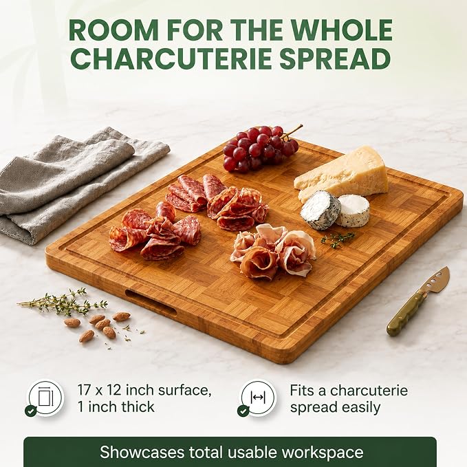 Wood Cutting Boards for Kitchen with Juice Groove, Eco-Friendly Wooden Bamboo Chopping board, Food-Safe, Non Plastic Tabla Para, Carbonized Butcher Block for Meat, Veggies Fruits, Large