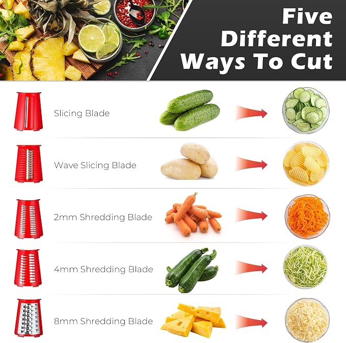 Rotary Cheese Grater Manual Hand Crank with 5 Blades & Suction Base, Kitchen Vegetable Shredder Slicer for Veggie, Nuts, Fruit, Red
