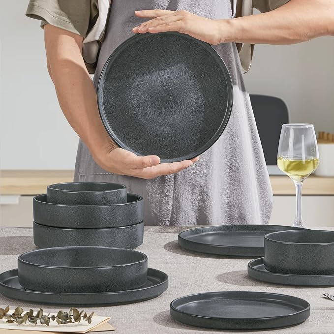 Herogo 16 Piece Plates and Bowls Set, Ceramic Dinnerware Sets with Pasta Bowls, Kitchen Dinner Ware Dishes Service for 4, Chip & Scratch Resistant Dishware, Dark Gray