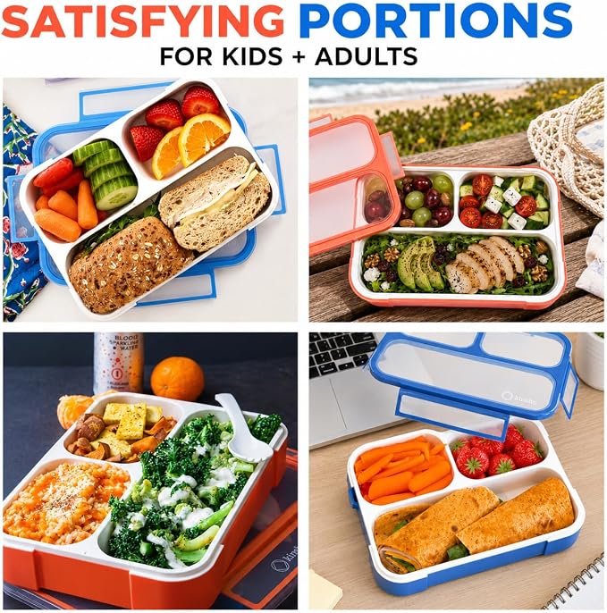 Kinsho Bento Lunch Boxes For Adults Or Kids | Large 3 Compartment Containers With Dividers For Meals And Snacks For School Or Work Lunches, Women Men Includes Utensils | Coral Blue 2 Pack