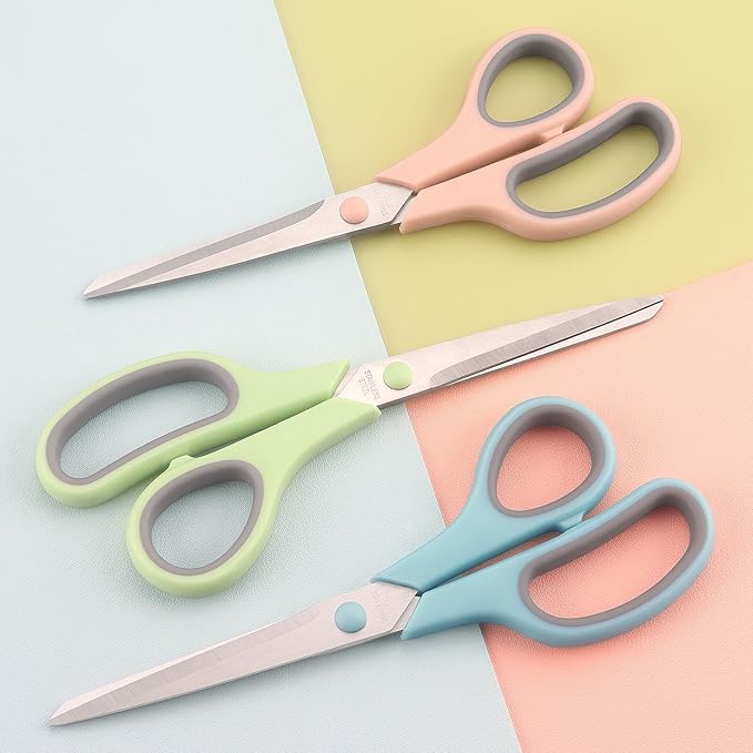 LONGKEY 8.5" Pastel Scissors 3-Pack, Ultra Sharp Stainless Steel, Gray | Soft Comfort-Grip Right/Left Hand