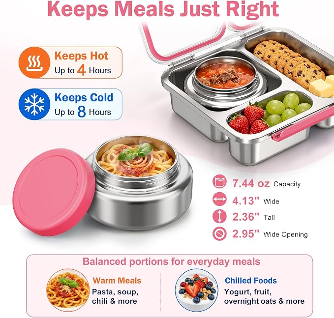 Pawtong Stainless Steel Bento Box Kids Adult with 7oz Insulated Food Jar, Transparent Lid Metal Lunch Box With Soup Thermal Jar, Lunch Box Container with Removable Divider & Sauce Cup School (Pink)