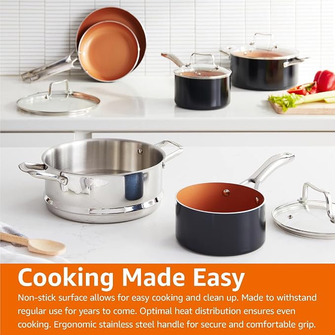 Amazon Basics Ceramic Nonstick Cookware Set, Induction Ready, Dishwasher & Oven Safe, Even Heating, 10-Piece Set with Frying Pans, Saucepans, Glass Lids, Copper Color