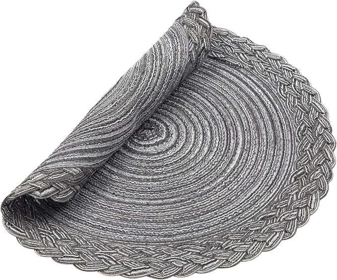 SHACOS Round Placemats Set of 6 Woven Round Table Mats 15 inch Braided Border Washable Cotton Polyester Circle Place Mats, Gray