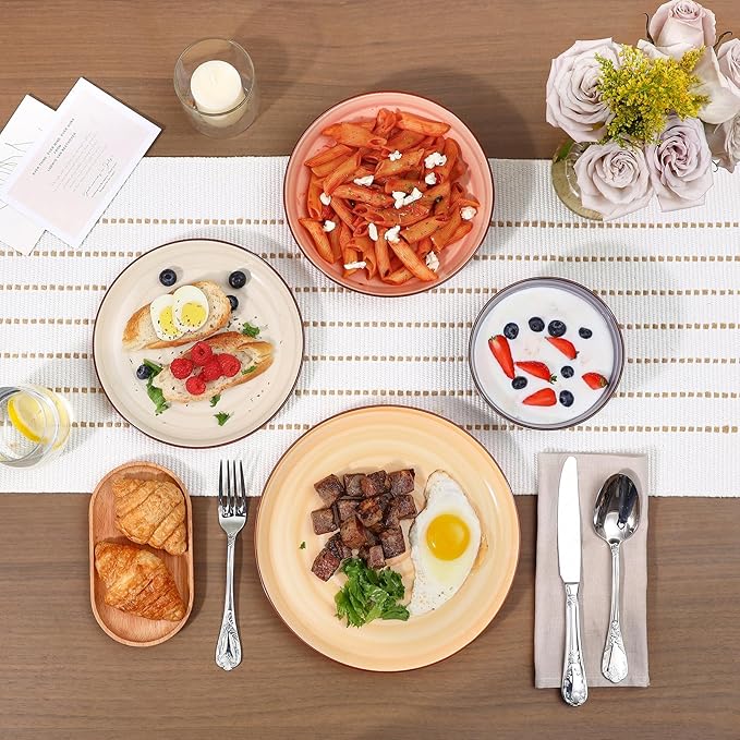 Selamica Ceramic Plates and Bowls Sets,24 Pieces Dinnerware Sets for 6,Scratch Resistant Dish Set for holiday gathering,Dishwasher & Microwave Safe, Maillard