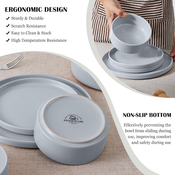 E-far Dinnerware Sets for 6, 18-Piece Stoneware Plates and Bowls Set, Gray | Modern Kitchen Dining Dishware, Chip and Scratch Resistant, Microwave & Dishwasher Safe, Speckled Gray