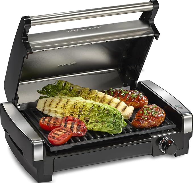 Hamilton Beach Electric Indoor Searing Grill with Adjustable Temperature Control to 450F, 118 sq. in. Surface Serves 6, PFAS-Free Removable Nonstick Grate, Stainless Steel (25360) | Adjustable Temperature Control To 450°F | 118 sq. in. PFAS-Free Remova...