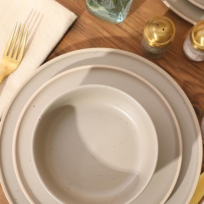 Gibson Elite Humphrey Lane 12 Piece (Service for 4) Plates and Bowls Reactive Glaze Dishes Stoneware Ceramic Dinnerware Set - Taupe