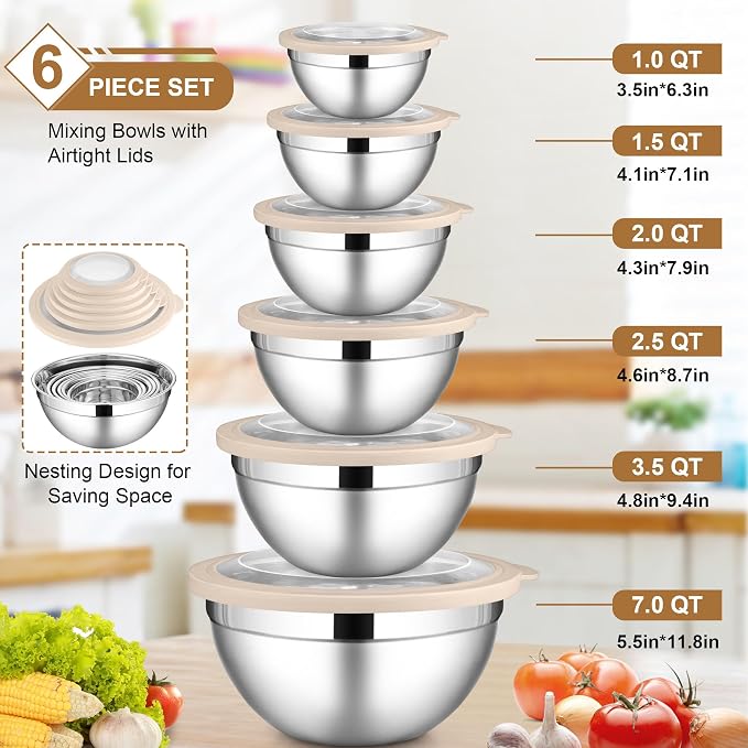 LIANYU 6 PCS Mixing Bowls with Visible Lid, Size 7, 3.5, 2.5, 2, 1.5, 1QT | Large Stainless Steel Nesting Bowl Set, Metal Kitchen Serving Bowls for Cooking, Baking, Freezer & Dishwasher Safe, Khaki